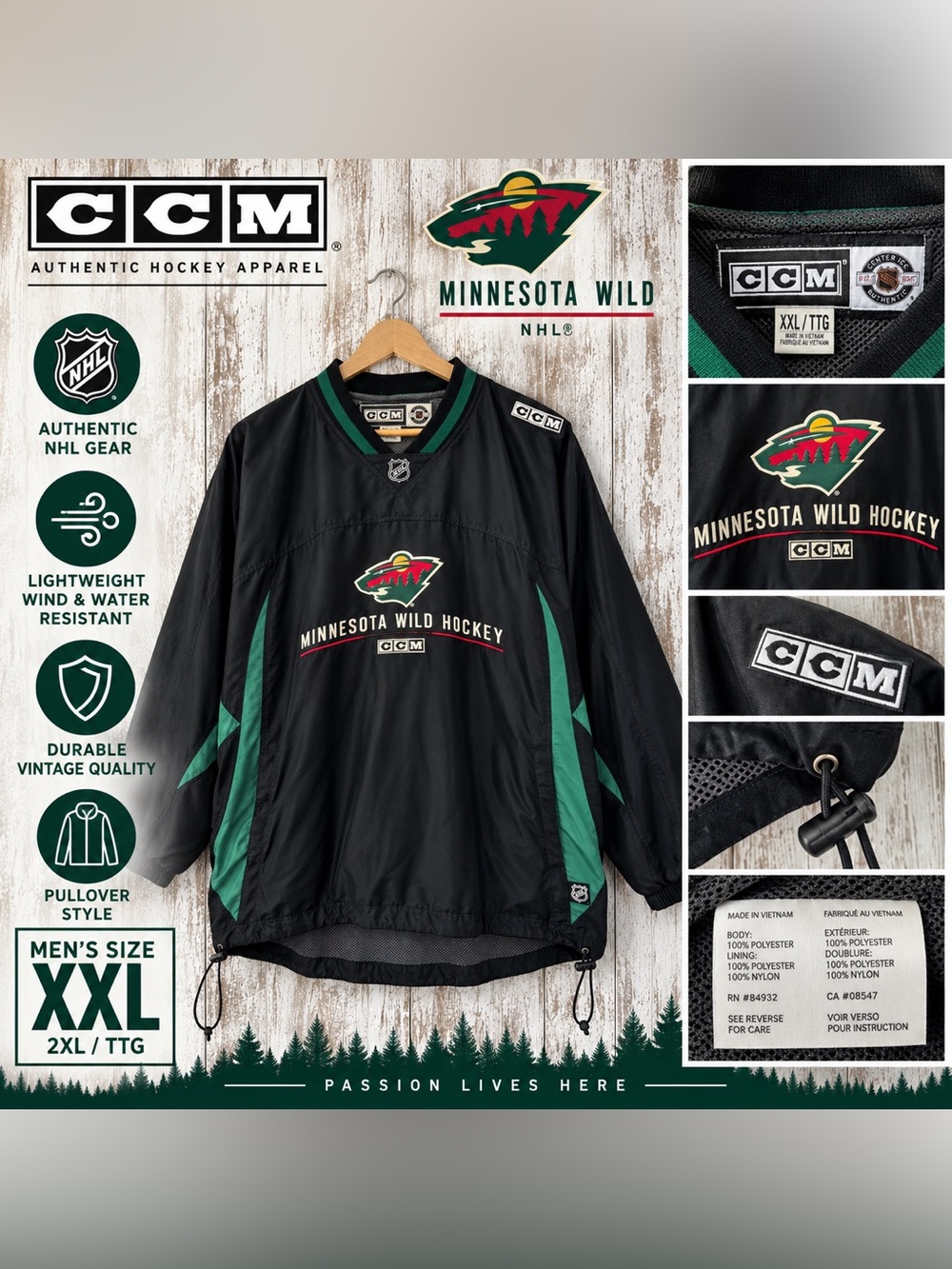 CCM Minnesota Wild Pullover Windbreaker Jacket XXL Black Green NHL Vintage Y2K